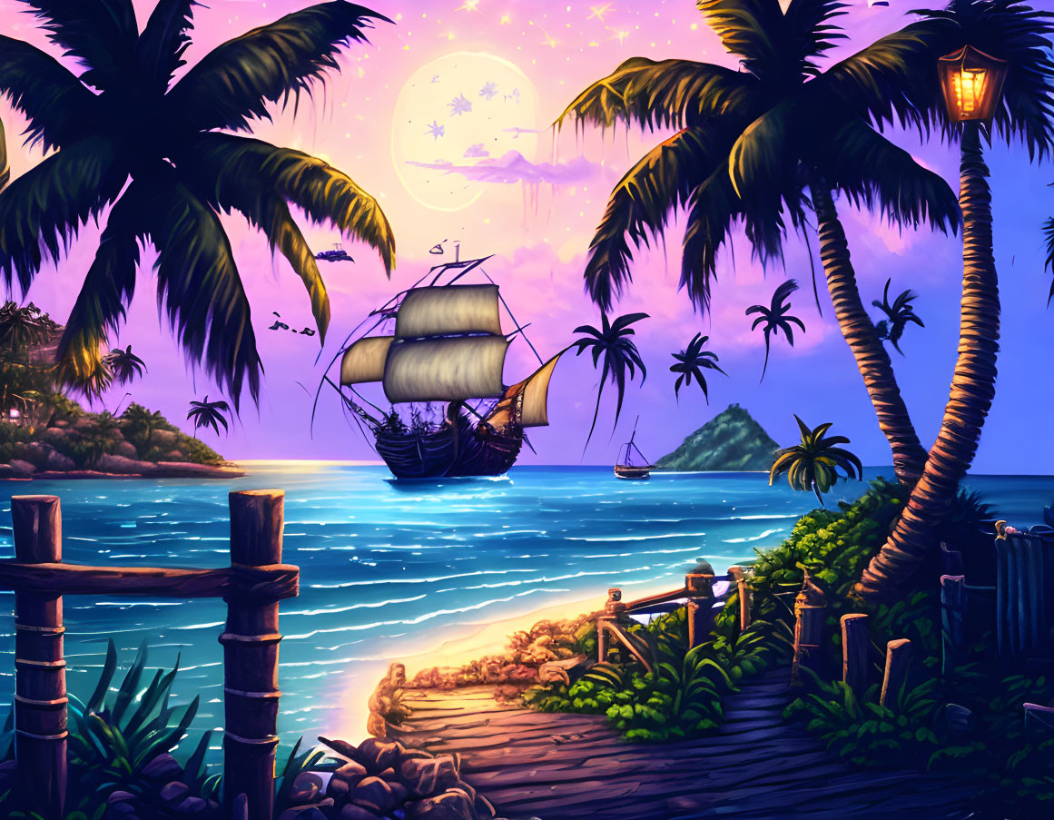 Night Beach Scene: Full Moon, Palm Trees, Glowing Path, Sailing Ships