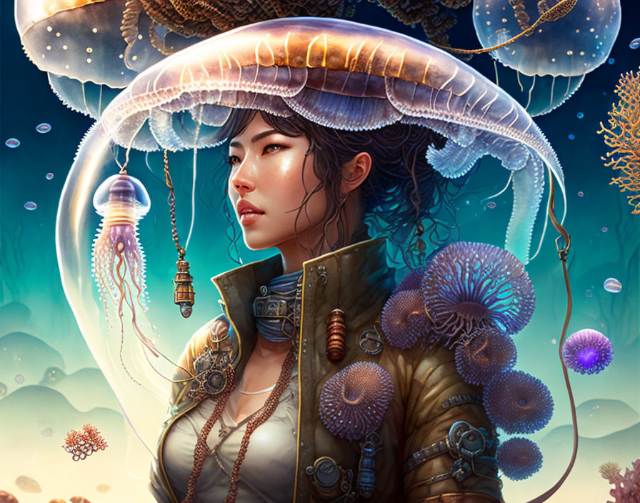 Steampunk-themed woman submerged with jellyfish in surreal scene