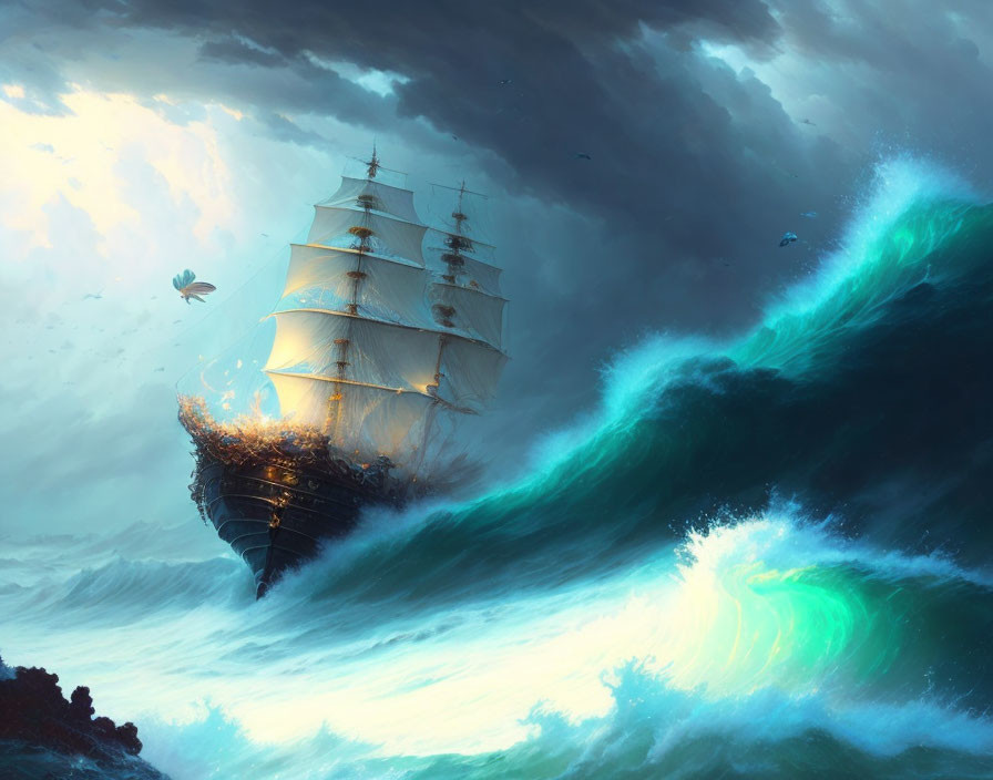 Tall Ship Sailing in Stormy Seas with Surreal Butterfly