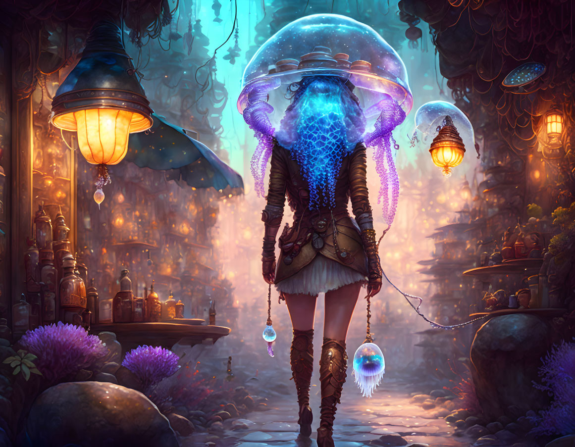 Fantastical jellyfish-like entity in transparent dome at enchanted market