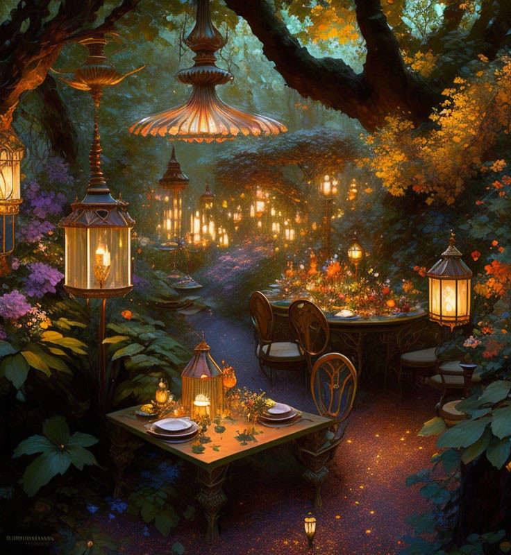 Enchanted forest outdoor dining scene with lantern-lit tables surrounded by lush greenery.