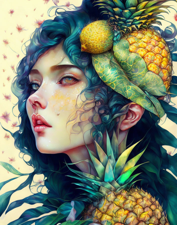 Vibrant green hair woman with pineapple and tropical leaves in surreal aesthetic