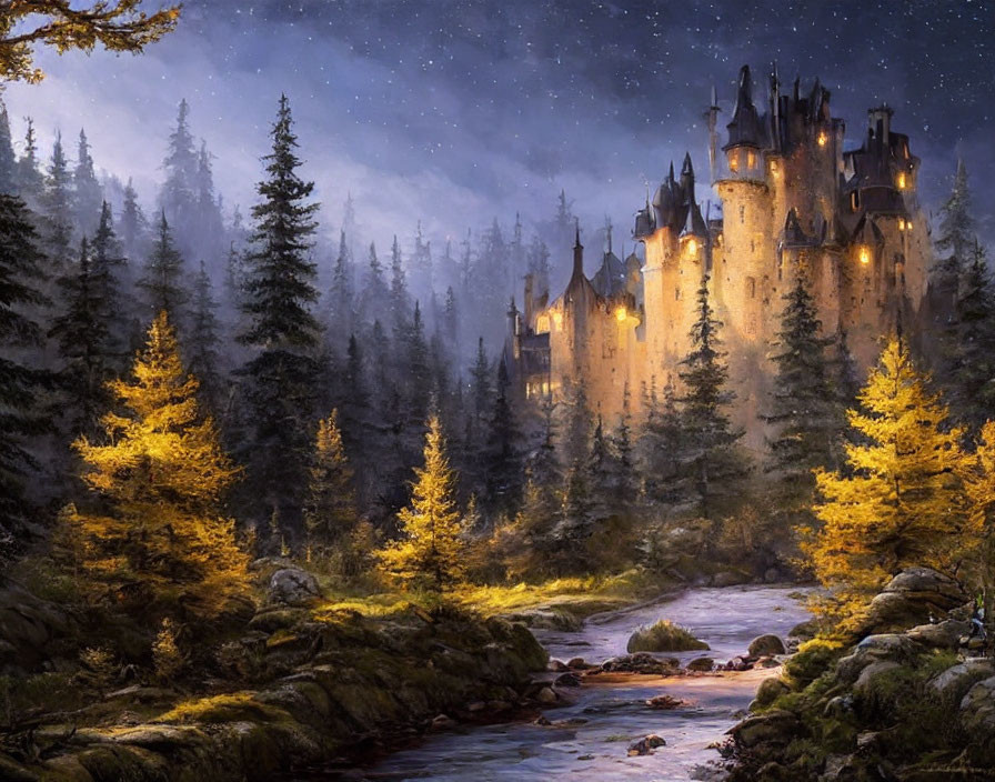 Majestic castle in enchanted night forest by serene river