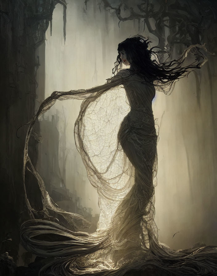 Mystical woman with flowing hair in forest of intertwining branches