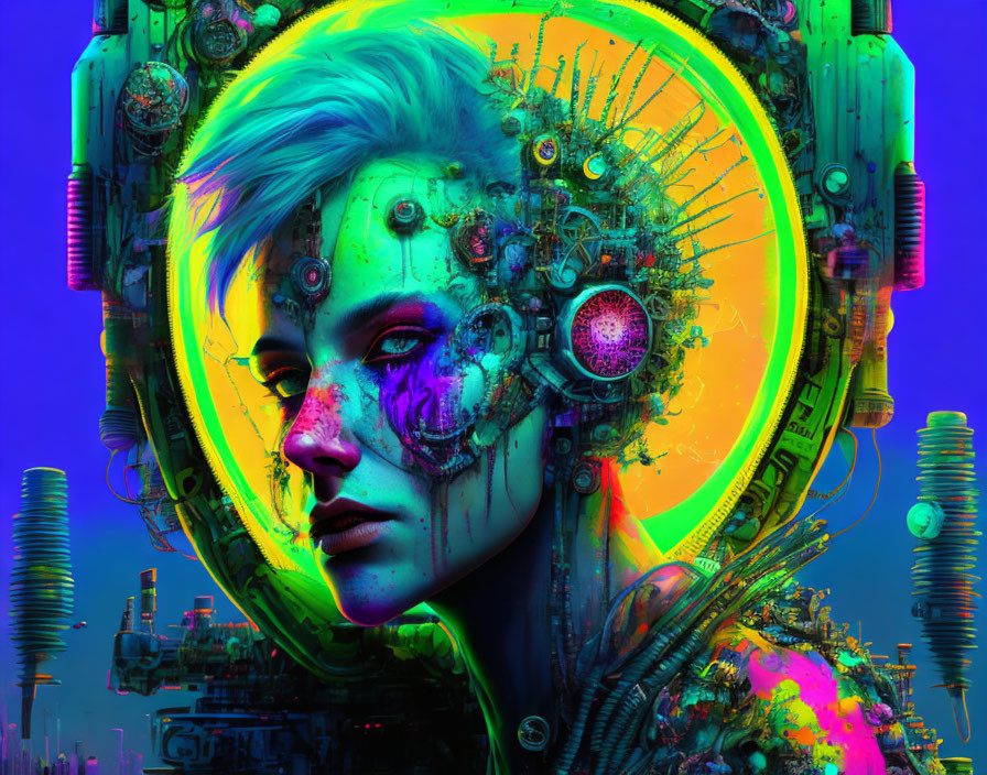 Colorful Cyberpunk Art: Humanoid Face with Mechanical Features