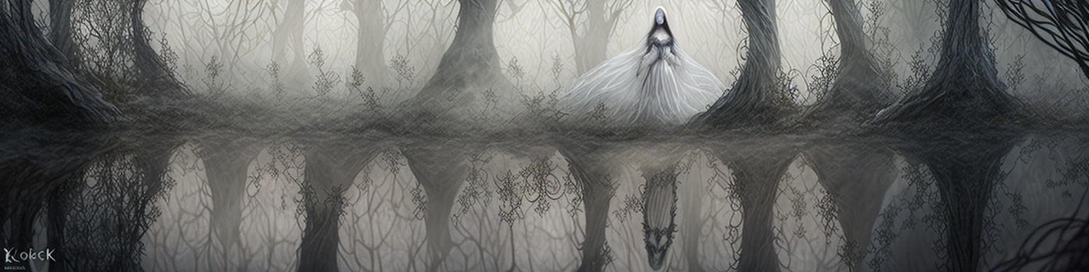 Ghostly figure in white by misty water in eerie forest landscape