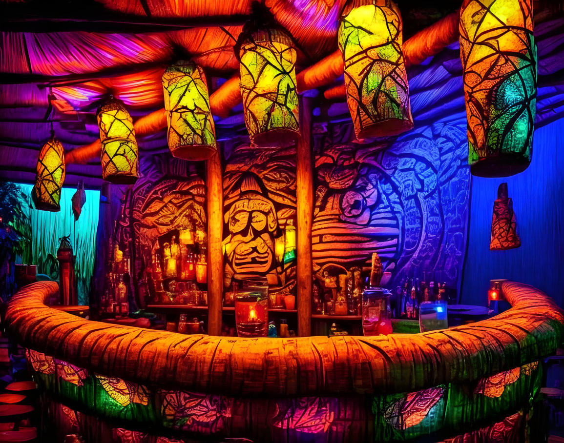 Vibrant tiki bar with wooden carvings, lanterns, and tropical drinks