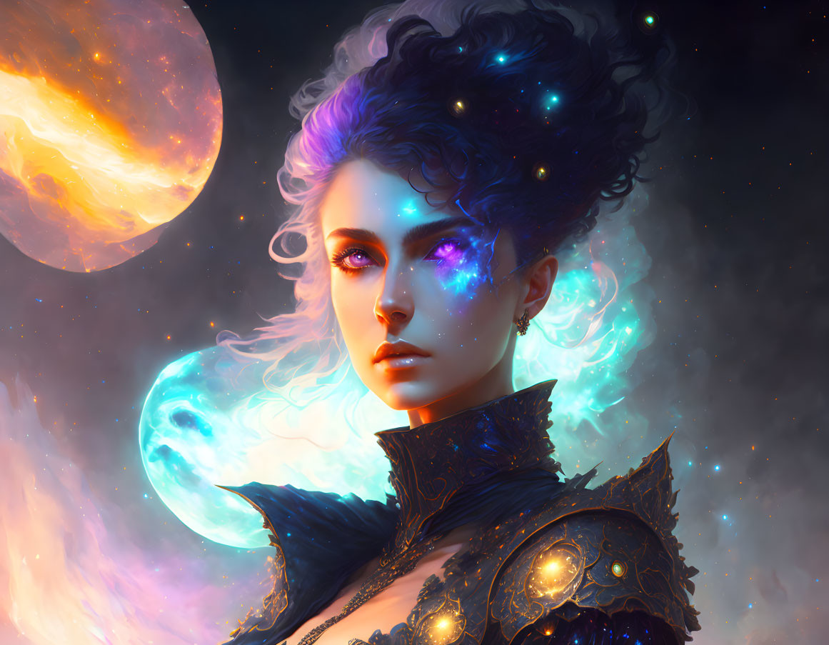 Digital art: Woman with cosmic hair and orange planet background