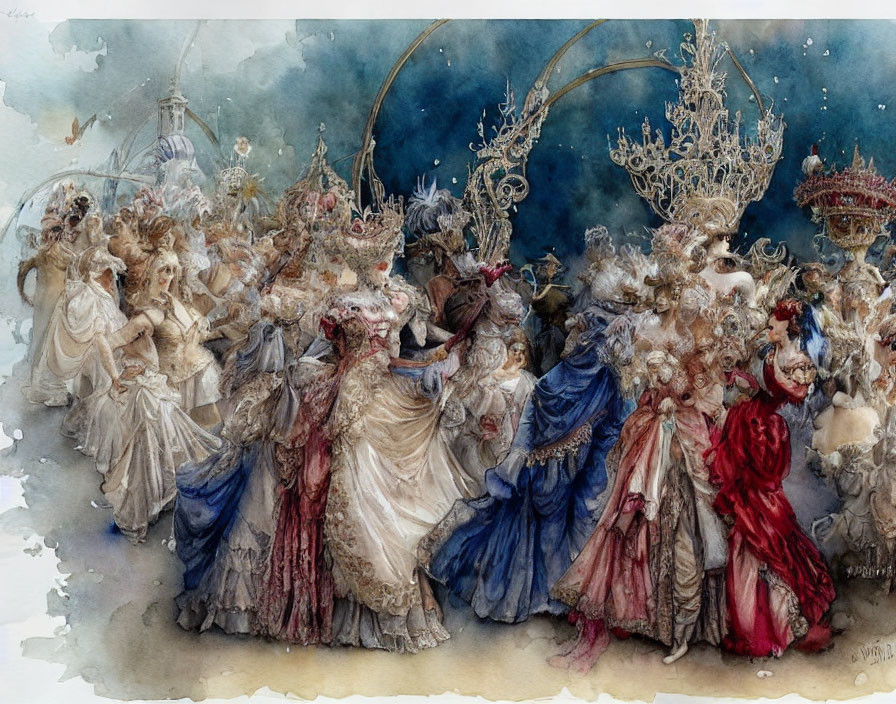 Detailed Illustration of Grand Masquerade Ball with Ornate Gowns & Masks