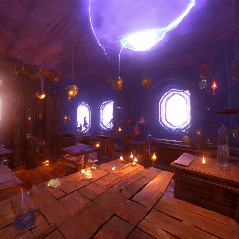 Mystical room with wooden tables, artifacts, candles, and magical portal