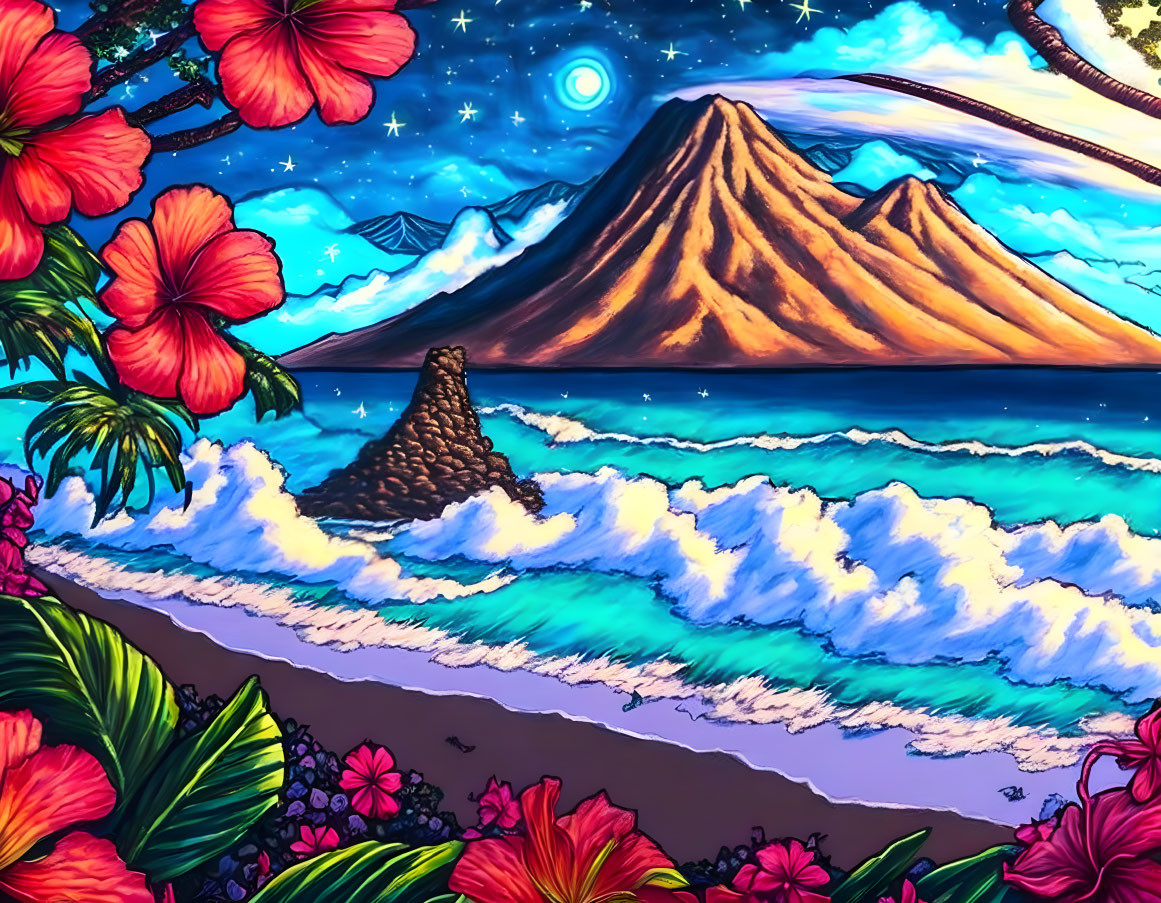 Tropical beach at night with hibiscus flowers, crashing waves, mountains under starry sky