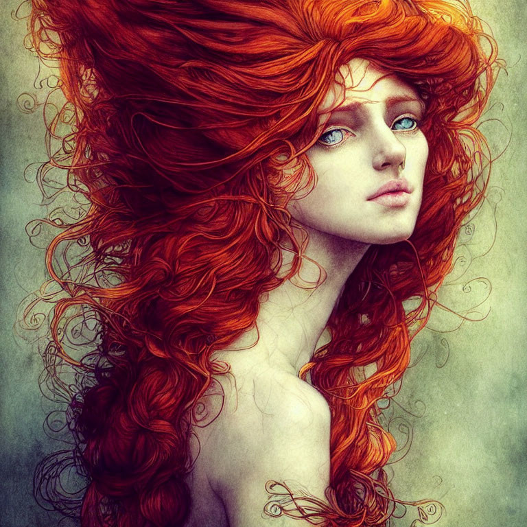 Voluminous Curly Red Hair Woman in Digital Art