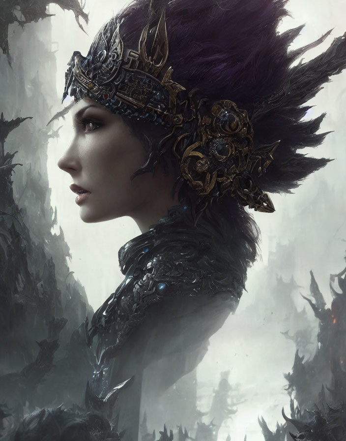 Pale-skinned person in ornate black and gold headdress with purple plumage against misty forest