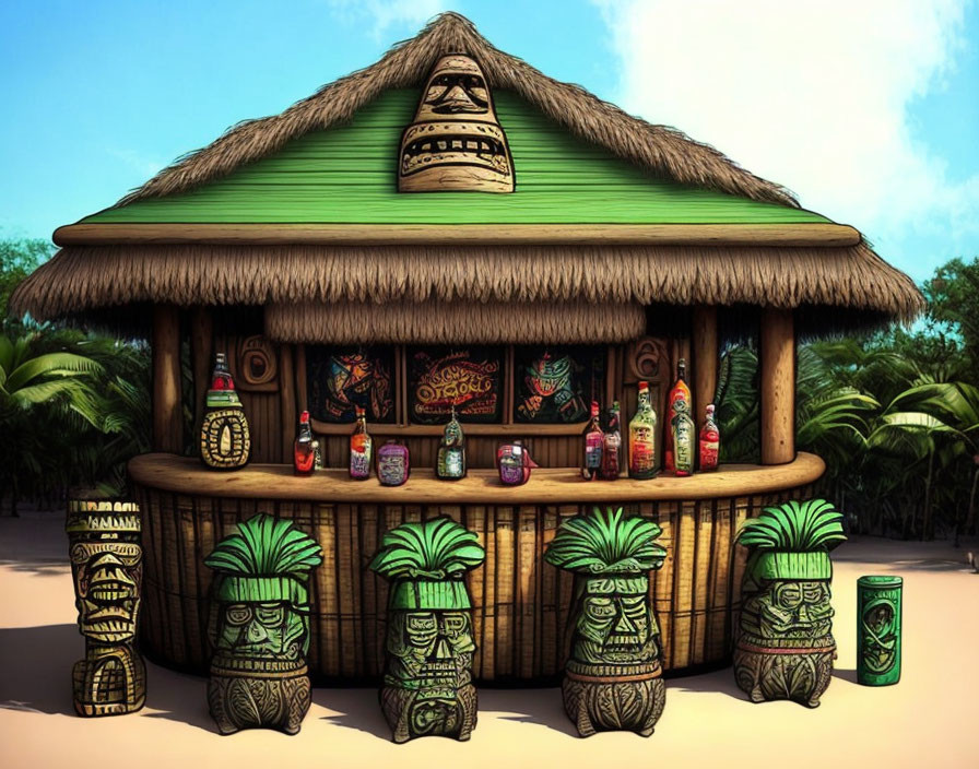 Vibrant tropical tiki bar scene with masks and drinks under palm trees