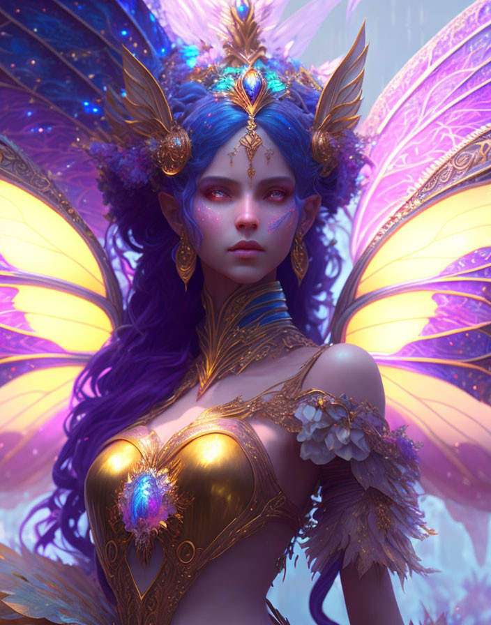 Fantasy artwork: Female character with blue skin, purple hair, golden armor, and butterfly wings