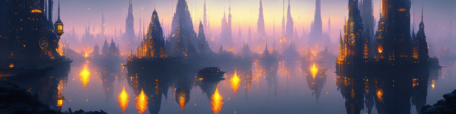 Twilight scene of otherworldly city with reflective towers and golden lights