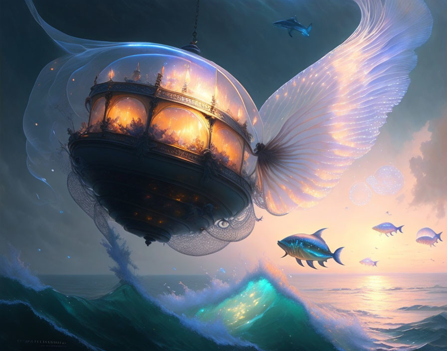 Glowing jellyfish-like airship over ocean waves with fish