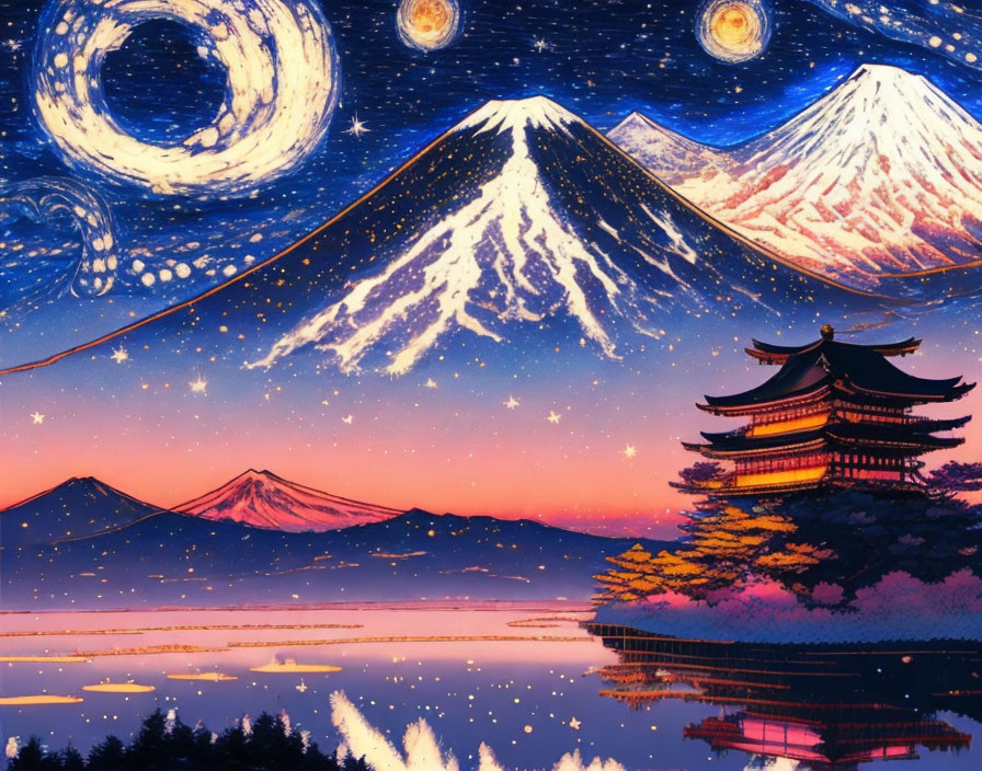 Artwork blending Starry Night with Mount Fuji, pagoda, cherry blossoms, and lake under