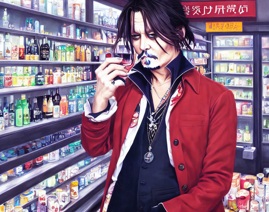 Long-haired man in red jacket enjoying wine in store with shelves of beverages and snacks