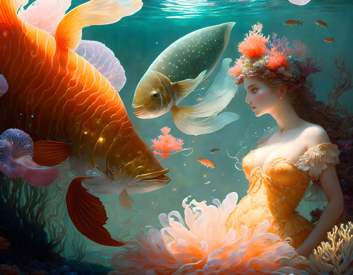 Ethereal underwater scene with woman in orange dress and coral headdress gazing at majestic koi