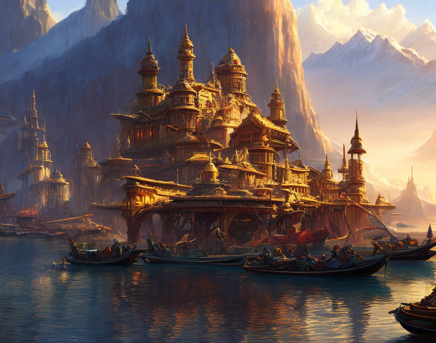 Fantasy city with ornate buildings by water at dusk