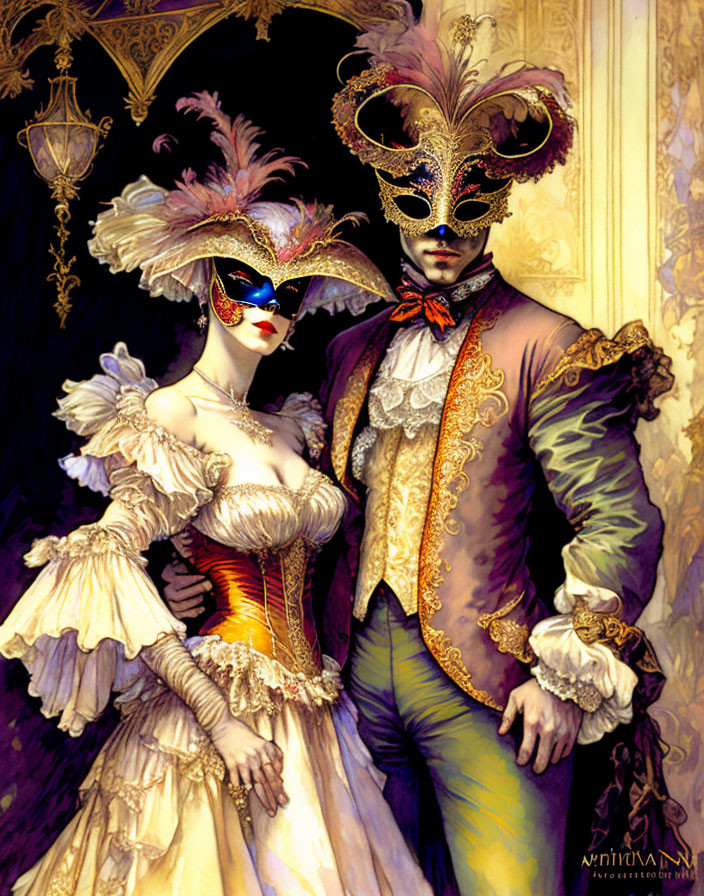 Illustrated couple in Renaissance attire with masks against ornate backdrop