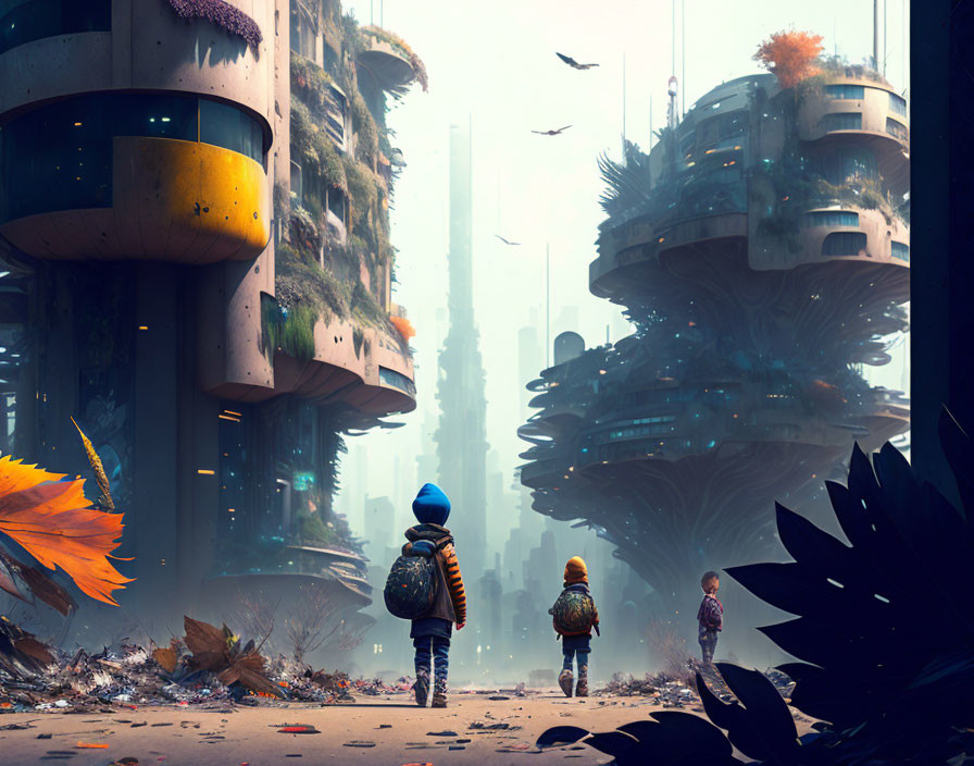 Children walking to futuristic city with towering buildings and flying vehicles.