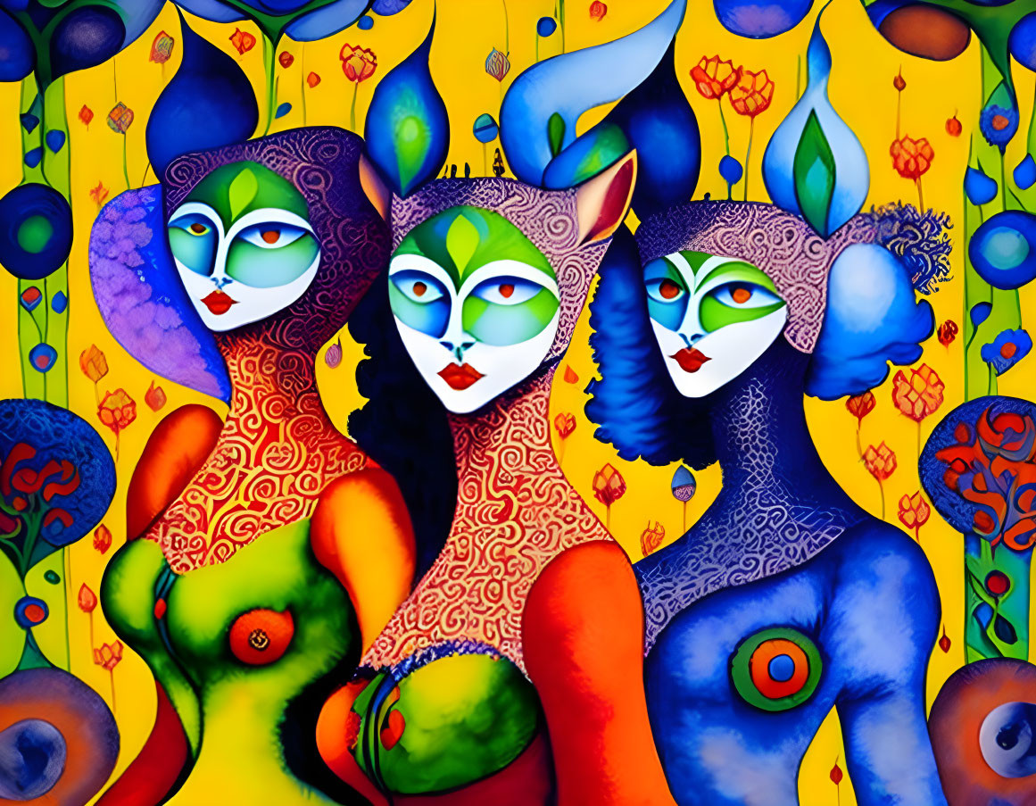 Vibrant abstract painting of three cat-like figures on floral backdrop