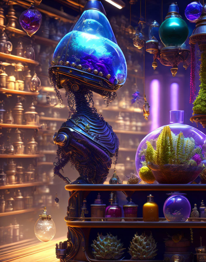 Whimsical illuminated potion shop with colorful bottles and magical devices