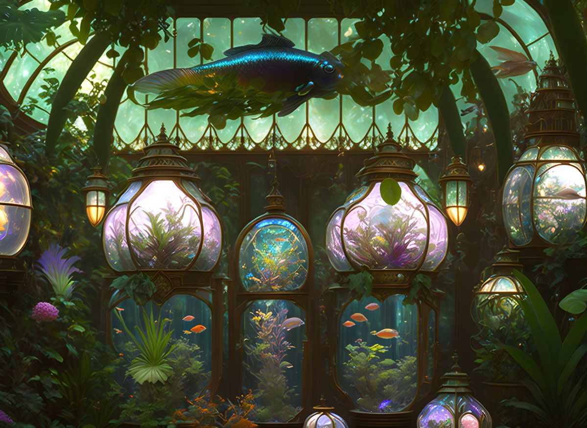 Vibrant aquatic plants in ornate terrariums with fish swimming above