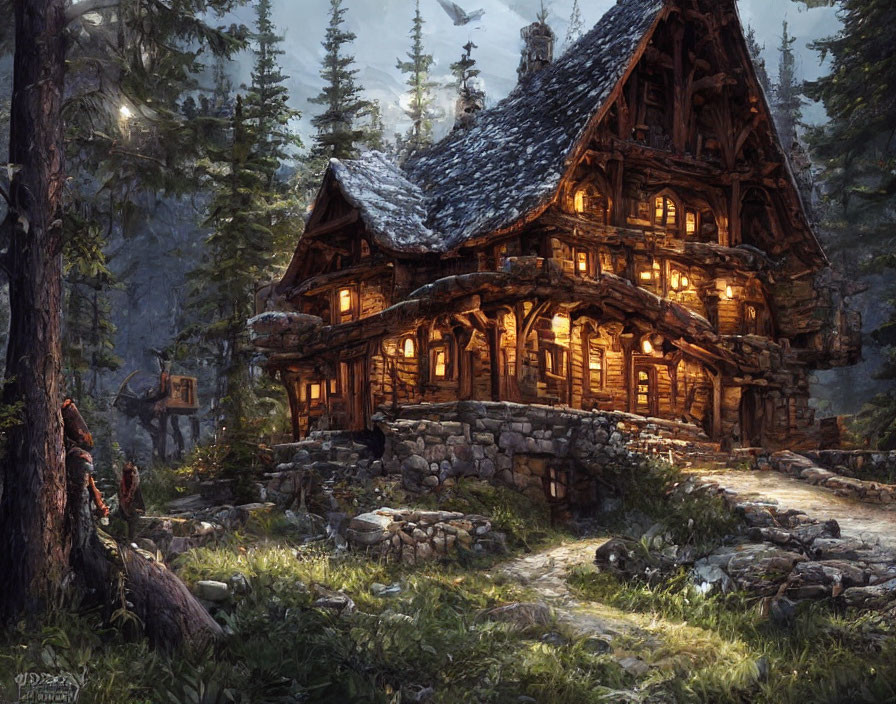 Rustic wooden cabin in forest setting with stone foundations