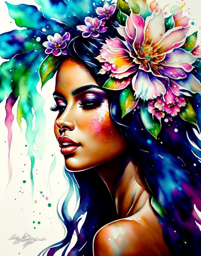 Colorful Woman Portrait with Floral Hair Adornments