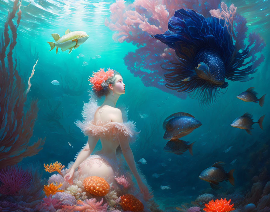 Colorful Coral and Fish Surround Graceful Figure in Underwater Scene