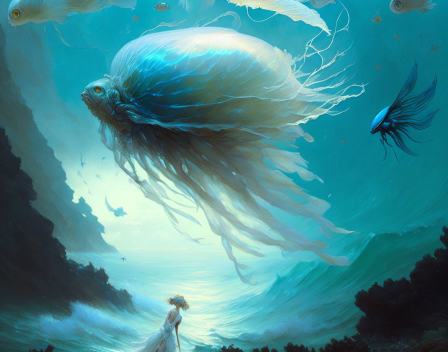 Underwater scene with giant jellyfish, woman in white dress, and marine creatures