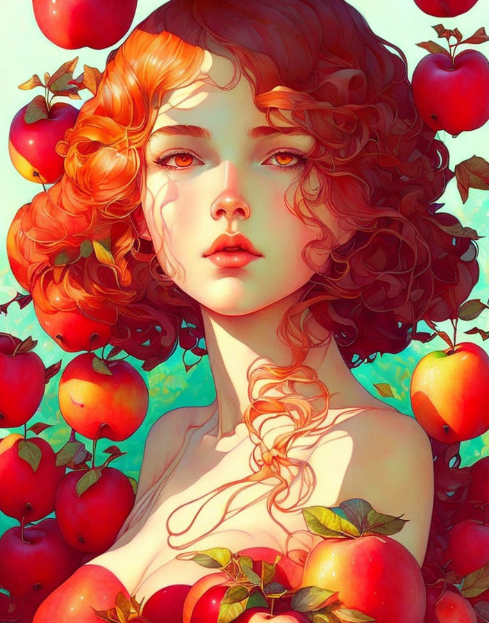 Illustration of woman with red curly hair among red apples under blue sky