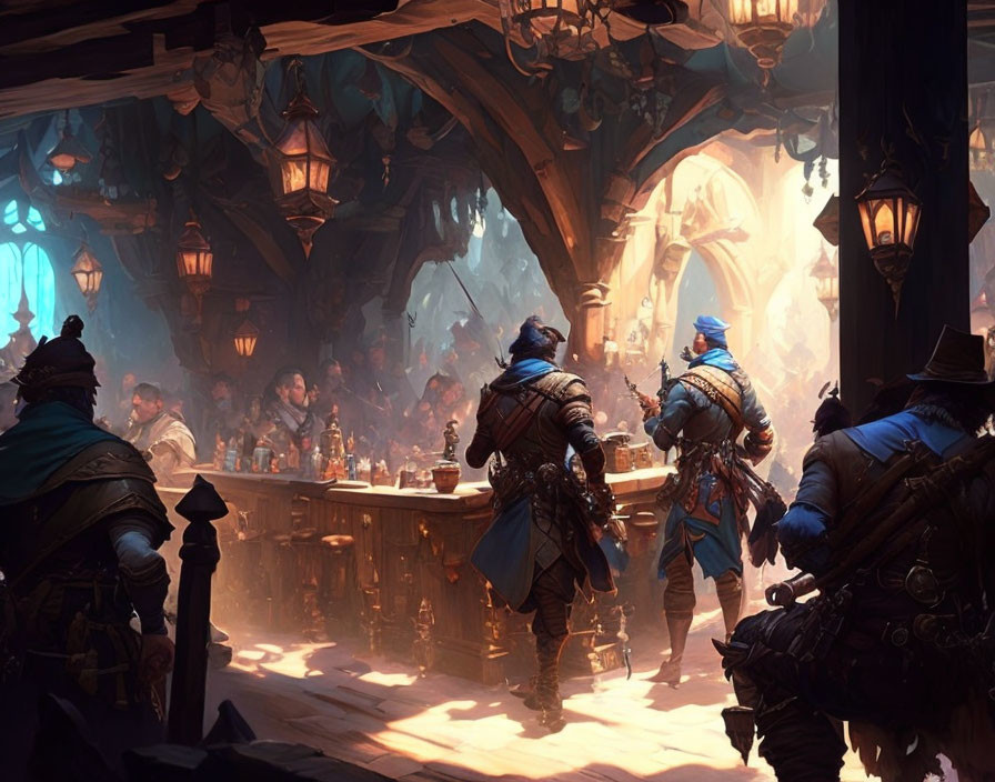 Medieval fantasy tavern scene with lantern-lit ambiance and adventurers in capes and armor.