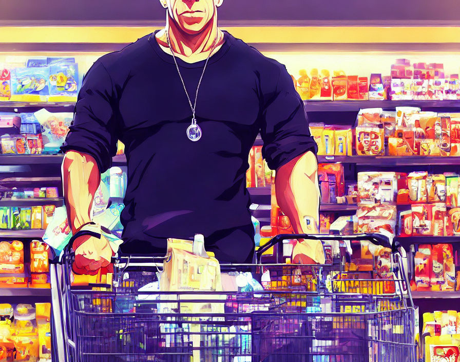 Muscular person pushing shopping cart in colorful grocery store aisle