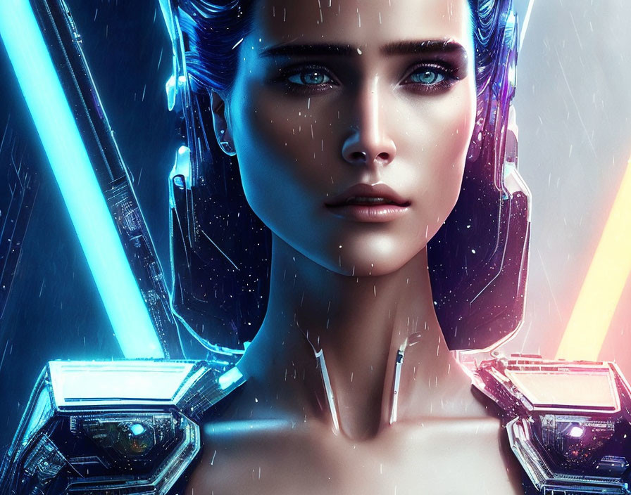 Female futuristic android with blue eyes and metallic skin in neon light