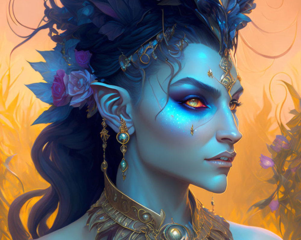 Blue-skinned fantasy character with golden jewelry and floral hair accessories on golden background