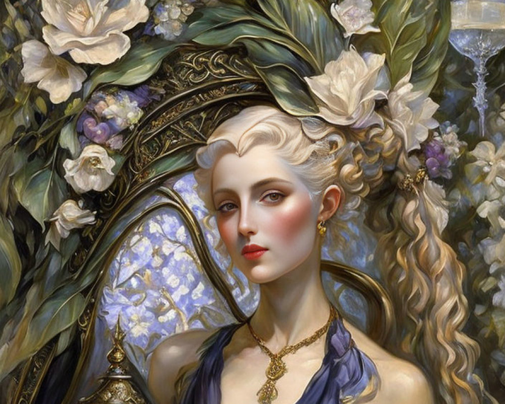 Portrait of Woman with Blond Hair and Floral Wreath in Lush Greenery