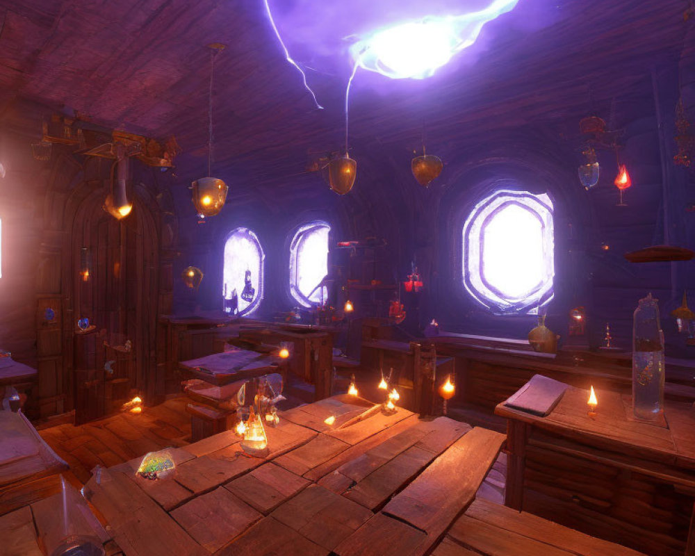 Mystical room with wooden tables, artifacts, candles, and magical portal