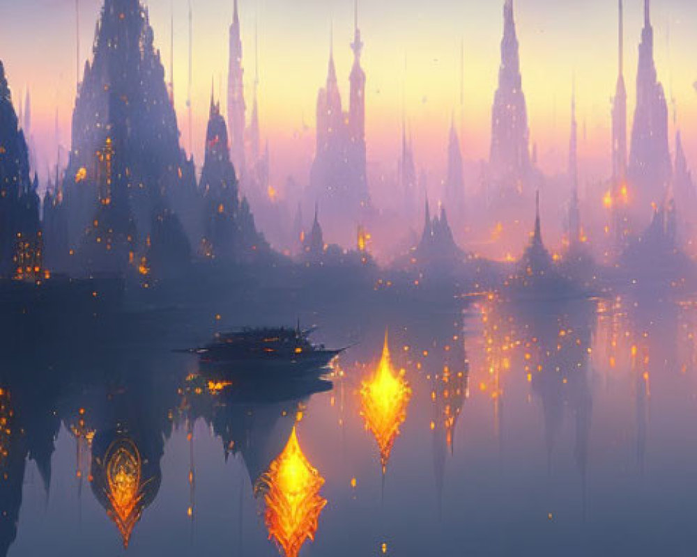 Twilight scene of otherworldly city with reflective towers and golden lights