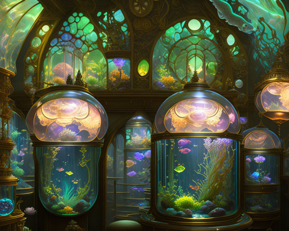 Ornate underwater-themed room with large aquariums