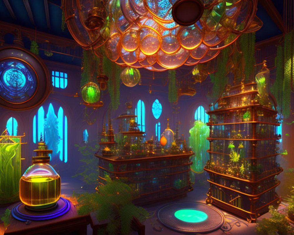 Colorful Fantasy Laboratory with Glowing Crystals and Magical Plants