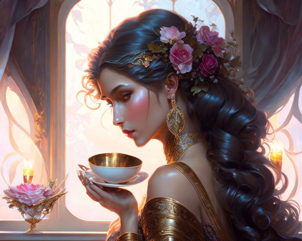 Woman sipping tea with floral hair adornments and jewelry by window in soft lighting