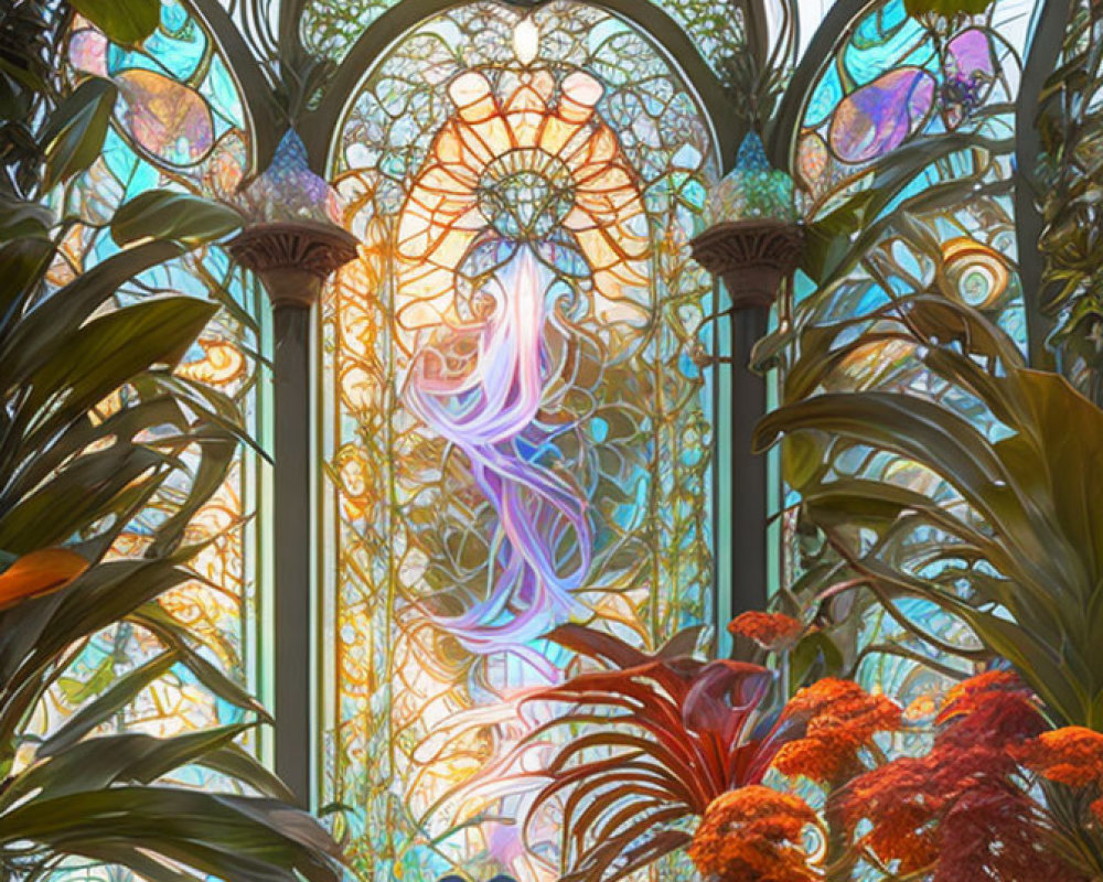 Colorful Stained-Glass Window in Indoor Garden