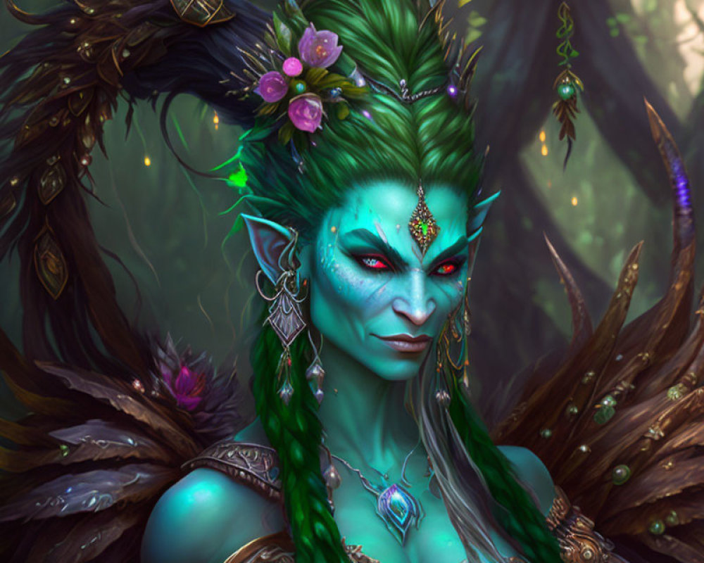 Green-skinned female character with forest-themed attire in mystical forest setting