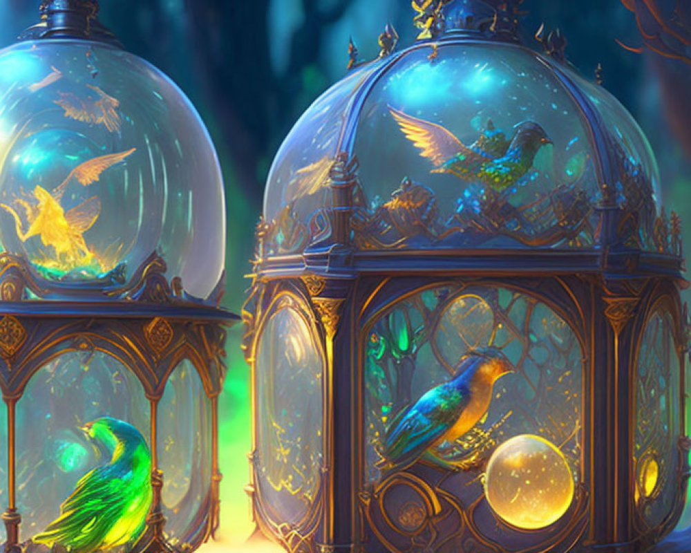 Luminescent Birds in Fantastical Birdcages Amid Mystical Forest