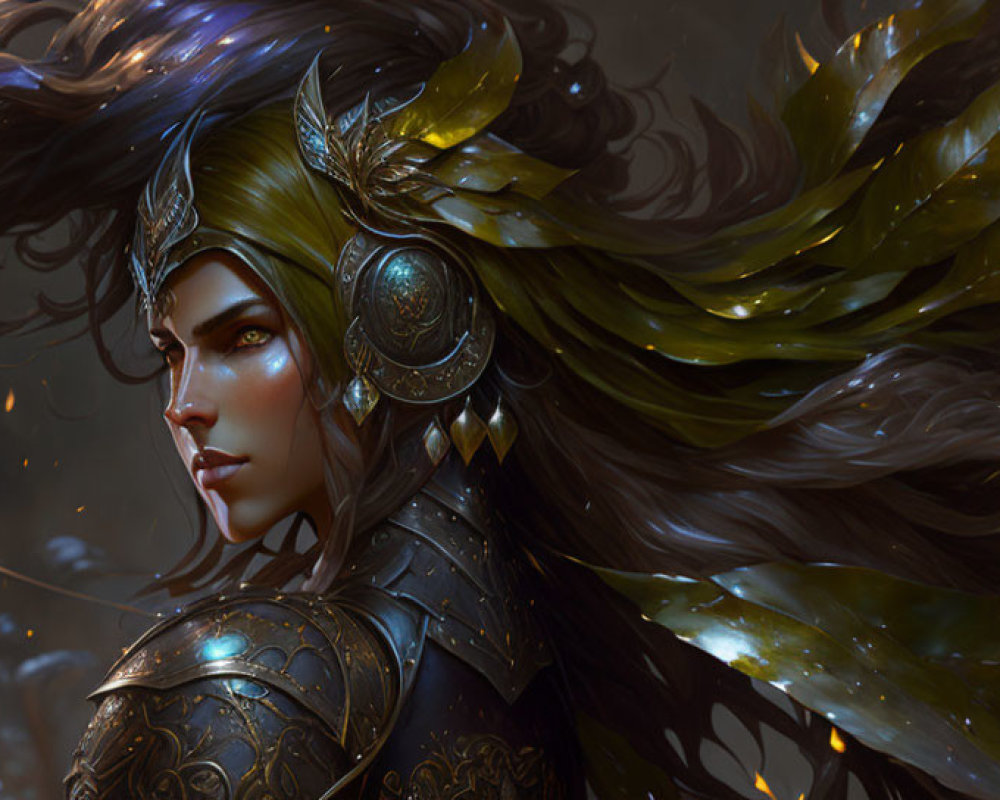 Illustrated female warrior in golden armor with dark hair against moody backdrop