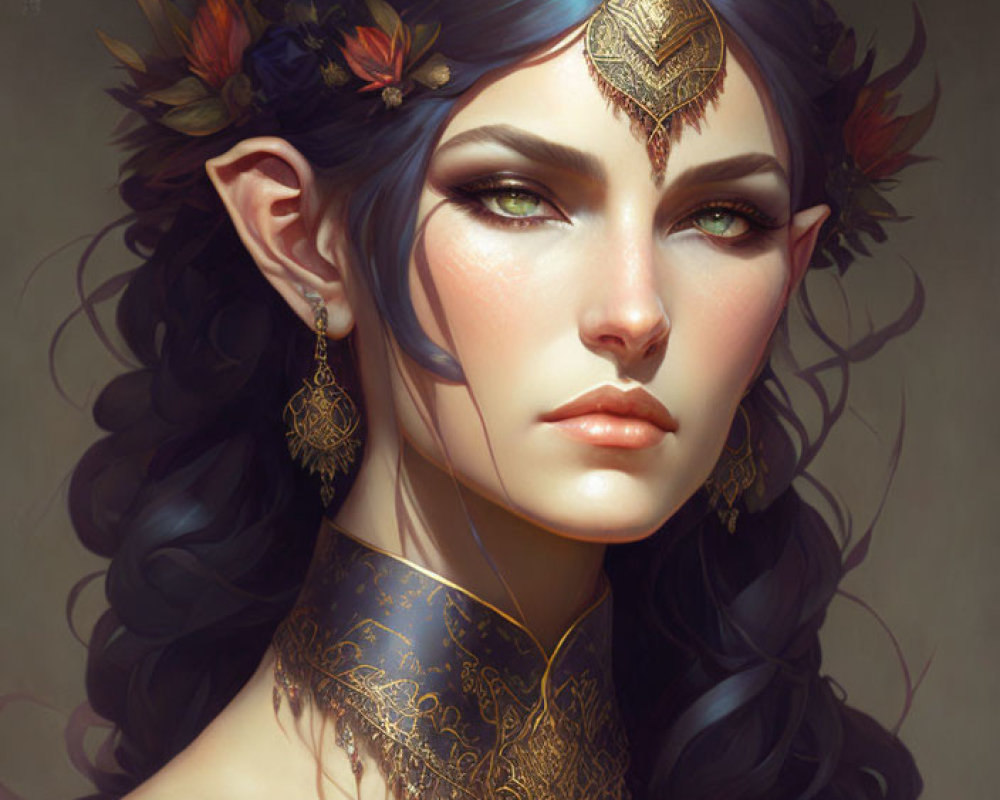 Fantasy female illustration with blue hair, green eyes, pointed ears, ornate jewelry, and tattoos